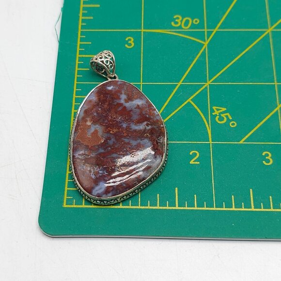 Large Polished Red Blue Moss Agate Stone Pendant With Ornate Silver Bail - Picture 6 of 7